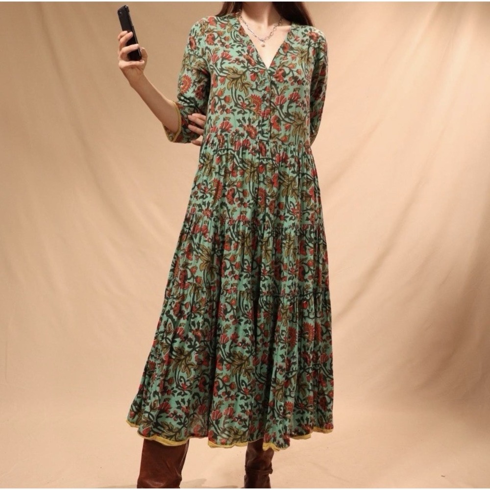 NWT Soft Surroundings Bohemian Prairie Green Red Floral V-Neck Midi Dress Size L
